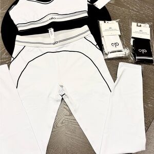 ALO Yoga White Leggings and Sports Bra Set with Black Seam Accents
